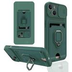 For iPhone 13 Sliding Camera Cover Design TPU Shockproof Phone Case with Holder & Card Slots(Dark Night Green)