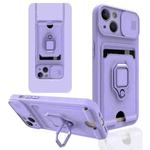Sliding Camera Cover Design TPU Shockproof Phone Case with Holder & Card Slots For iPhone 13(Purple)