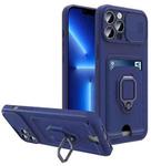 For iPhone 13 Pro Max Sliding Camera Cover Design TPU Shockproof Phone Case with Holder & Card Slots (Navy Blue)