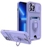 For iPhone 12 / 12 Pro Sliding Camera Cover Design TPU Shockproof Phone Case with Holder & Card Slots(Purple)