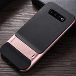 For Galaxy S10 5G Plaid Texture Non-slip TPU + PC Case with Holder(Rose Gold)