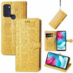 For Motorola Moto G60S Lovely Cat and Dog Embossing Pattern Horizontal Flip Leather Phone Case with Holder & Card Slots & Wallet & Cartoon Clasp & Lanyard(Yellow)