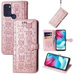 For Motorola Moto G60S Lovely Cat and Dog Embossing Pattern Horizontal Flip Leather Phone Case with Holder & Card Slots & Wallet & Cartoon Clasp & Lanyard(Rose Gold)