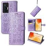 For vivo X70 Pro Lovely Cat and Dog Embossing Pattern Horizontal Flip Leather Phone Case with Holder & Card Slots & Wallet & Cartoon Clasp & Lanyard(Purple)