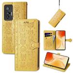 For vivo X70 Lovely Cat and Dog Embossing Pattern Horizontal Flip Leather Phone Case with Holder & Card Slots & Wallet & Cartoon Clasp & Lanyard(Yellow)