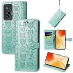 For vivo X70 Lovely Cat and Dog Embossing Pattern Horizontal Flip Leather Phone Case with Holder & Card Slots & Wallet & Cartoon Clasp & Lanyard(Green)