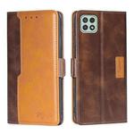 For Samsung Galaxy A22 5G Retro Texture Contrast Color Buckle Horizontal Flip Leather Case with Holder(Dark Brown+Gold)