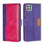 For Samsung Galaxy A22 5G Retro Texture Contrast Color Buckle Horizontal Flip Leather Case with Holder(Purple+Rose Red)