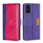 For Samsung Galaxy F52 5G Retro Texture Contrast Color Buckle Horizontal Flip Leather Case with Holder(Purple+Rose Red)
