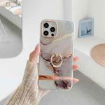 For iPhone 13 mini Dual-side Laminating IMD Plating Golden Circle Marble Pattern TPU Phone Case with Ring Holder (Grey Gilt DX-64)