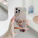 For iPhone 13 Dual-side Laminating IMD Plating Golden Circle Marble Pattern TPU Phone Case with Ring Holder(Grey Gilt DX-64)