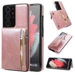 For Samsung Galaxy S21 Ultra 5G Zipper Wallet Bag PU Back Cover Shockrpoof Phone Case with Holder & Card Slots & Wallet(Pink)