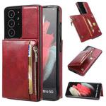 For Samsung Galaxy S21 Ultra 5G Zipper Wallet Bag PU Back Cover Shockrpoof Phone Case with Holder & Card Slots & Wallet(Red)