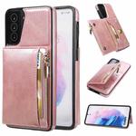 For Samsung Galaxy S21 5G Zipper Wallet Bag PU Back Cover Shockrpoof Phone Case with Holder & Card Slots & Wallet(Pink)