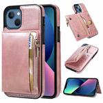 For iPhone 13 Zipper Wallet Bag PU Back Cover Shockrpoof Phone Case with Holder & Card Slots & Wallet(Pink)