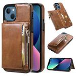 For iPhone 13 Zipper Wallet Bag PU Back Cover Shockrpoof Phone Case with Holder & Card Slots & Wallet(Brown)