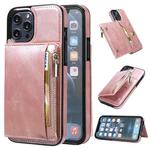 For iPhone 13 Pro Zipper Wallet Bag PU Back Cover Shockrpoof Phone Case with Holder & Card Slots & Wallet (Pink)