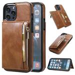 For iPhone 13 Pro Max Zipper Wallet Bag PU Back Cover Shockrpoof Phone Case with Holder & Card Slots & Wallet (Brown)