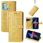 For Wiko Power U30 Cat and Dog Embossed Horizontal Flip Phone Leather Case with Holder & Card Slot & Wallet & Lanyard(Yellow)