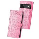 For Google Pixel 6 Cat and Dog Embossed Horizontal Flip Phone Leather Case with Holder & Card Slot & Wallet & Lanyard(Pink)
