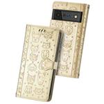 For Google Pixel 6 Cat and Dog Embossed Horizontal Flip Phone Leather Case with Holder & Card Slot & Wallet & Lanyard(Gold)