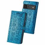 For Google Pixel 6 Cat and Dog Embossed Horizontal Flip Phone Leather Case with Holder & Card Slot & Wallet & Lanyard(Blue)