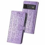 For Google Pixel 6 Cat and Dog Embossed Horizontal Flip Phone Leather Case with Holder & Card Slot & Wallet & Lanyard(Purple)