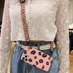 For iPhone 13 Pro Leopard Crossbody Shockproof TPU Phone Case with Lanyard (Pink)