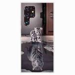 For Samaung Galaxy S22 Ultra 5G Painted Pattern High Transparent TPU Phone Case(Reflection Cat Tiger)
