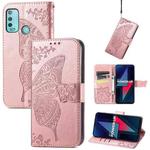 For Wiko Power U30 Butterfly Love Flowers Embossed Horizontal Flip Leather Case with Holder & Card Slots & Wallet & Lanyard(Rose Gold)