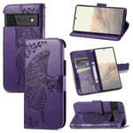 For Google Pixel 6 Butterfly Love Flowers Embossed Horizontal Flip Leather Case with Holder & Card Slots & Wallet & Lanyard(Dark Purple)