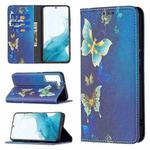 For Samsung Galaxy S22+ 5G Colored Drawing Pattern Invisible Magnetic Horizontal Flip Phone Leather Case with Holder & Card Slots & Wallet(Gold Butterfly)