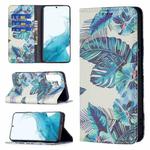 For Samsung Galaxy S22 5G Colored Drawing Pattern Invisible Magnetic Horizontal Flip Phone Leather Case with Holder & Card Slots & Wallet(Blue Leaf)