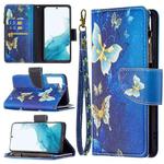 For Samsung Galaxy S22 5G Colored Drawing Pattern Zipper Horizontal Flip Phone Leather Case with Holder & Card Slots & Wallet(Gold Butterfly)