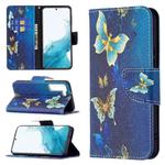 For Samsung Galaxy S22 5G Colored Drawing Pattern Horizontal Flip Phone Leather Case with Holder & Card Slots & Wallet(Gold Butterfly)