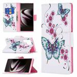 For Samsung Galaxy S22 Ultra 5G Colored Drawing Pattern Horizontal Flip Phone Leather Case with Holder & Card Slots & Wallet(Peach Blossom Butterfly)