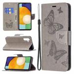 For Samsung Galaxy A13 5G Embossing Two Butterflies Pattern Leather Phone Case with Holder & Card Slot & Wallet & Lanyard(Grey)