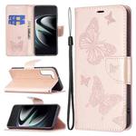 For Samsung Galaxy S22 Ultra 5G Embossing Two Butterflies Pattern Leather Phone Case with Holder & Card Slot & Wallet & Lanyard(Rose Gold)
