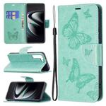 For Samsung Galaxy S22 Ultra 5G Embossing Two Butterflies Pattern Leather Phone Case with Holder & Card Slot & Wallet & Lanyard(Green)