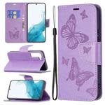 For Samsung Galaxy S22+ 5G Embossing Two Butterflies Pattern Leather Phone Case with Holder & Card Slot & Wallet & Lanyard(Purple)