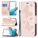 For Samsung Galaxy S22+ 5G Embossing Two Butterflies Pattern Leather Phone Case with Holder & Card Slot & Wallet & Lanyard(Rose Gold)