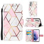 For Samsung Galaxy S22 Ultra 5G Marble Stitching Horizontal Flip Leather Phone Case with Holder & Card Slots & Wallet & Lanyard(Pink White)