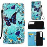 For Samsung Galaxy S22 5G Colored Drawing Pattern Plain Weave Leather Phone Case with Holder & Card Slot & Wallet & Lanyard(Heart Butterfly)