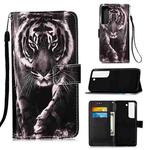 For Samsung Galaxy S22 5G Colored Drawing Pattern Plain Weave Leather Phone Case with Holder & Card Slot & Wallet & Lanyard(Black White Tiger)