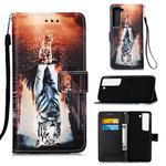 For Samsung Galaxy S22 5G Colored Drawing Pattern Plain Weave Leather Phone Case with Holder & Card Slot & Wallet & Lanyard(Cat and Tiger)