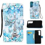 For Samsung Galaxy S22+ 5G Colored Drawing Pattern Plain Weave Leather Phone Case with Holder & Card Slot & Wallet & Lanyard(Tower Butterfly)