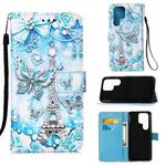 For Samsung Galaxy S22 Ultra 5G Colored Drawing Pattern Plain Weave Leather Phone Case with Holder & Card Slot & Wallet & Lanyard(Tower Butterfly)
