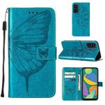 For Samsung Galaxy F52 5G Embossed Butterfly Leather Phone Case with Holder & Card Slot & Wallet & Lanyard(Blue)