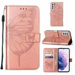 For Samsung Galaxy S22 5G Embossed Butterfly Leather Phone Case with Holder & Card Slot & Wallet & Lanyard(Rose Gold)