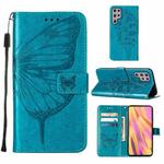 For Samsung Galaxy S22 Ultra 5G Embossed Butterfly Leather Phone Case with Holder & Card Slot & Wallet & Lanyard(Blue)